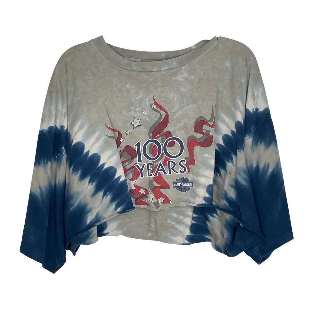 Harley Davidson Women's Blue Gray Tie Dye 100 Years Oversized Crop Top Size 2X